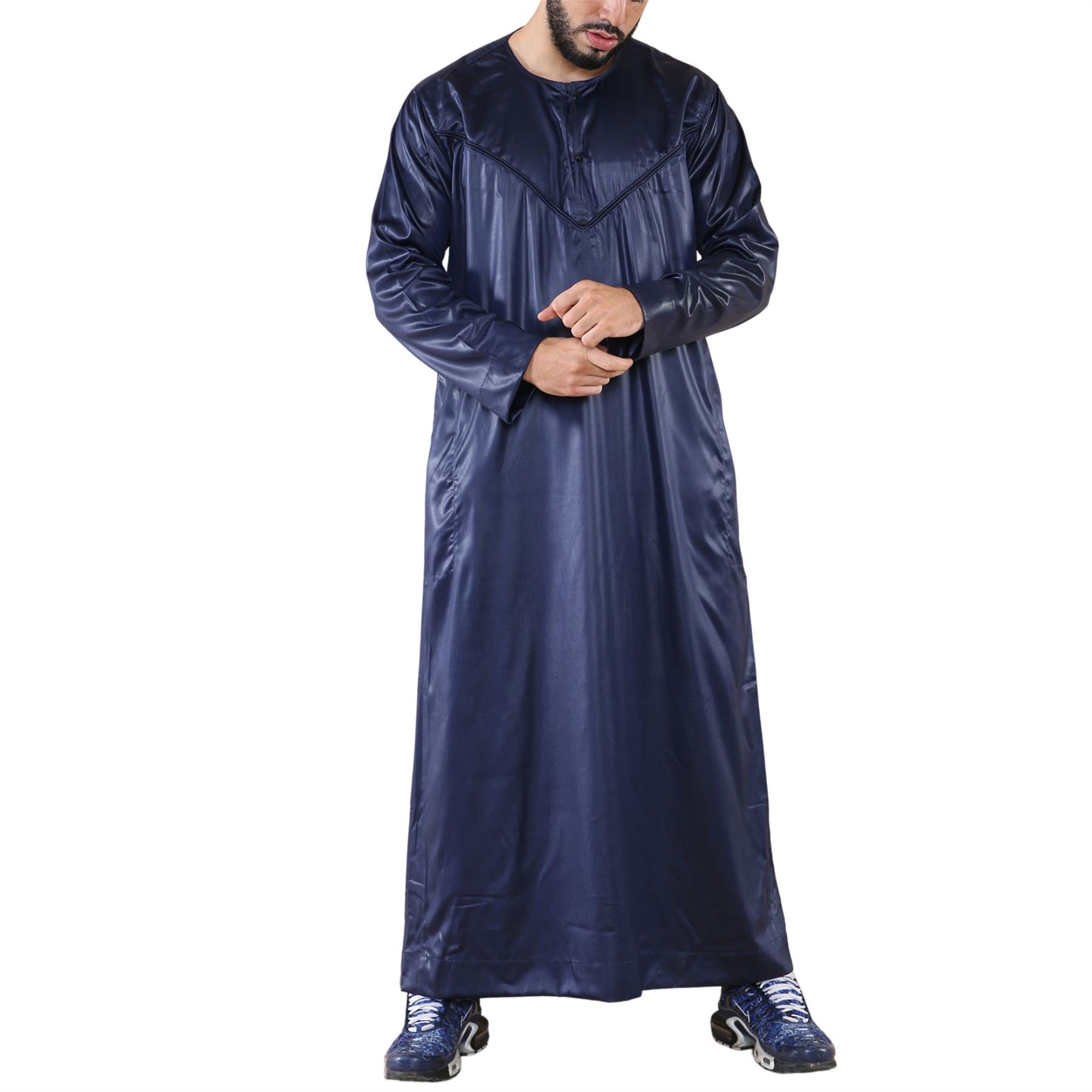 Mens Thobe Jubba Islamic Clothing Muslim Kaftan Emirati Omani Robe Satin Shiny