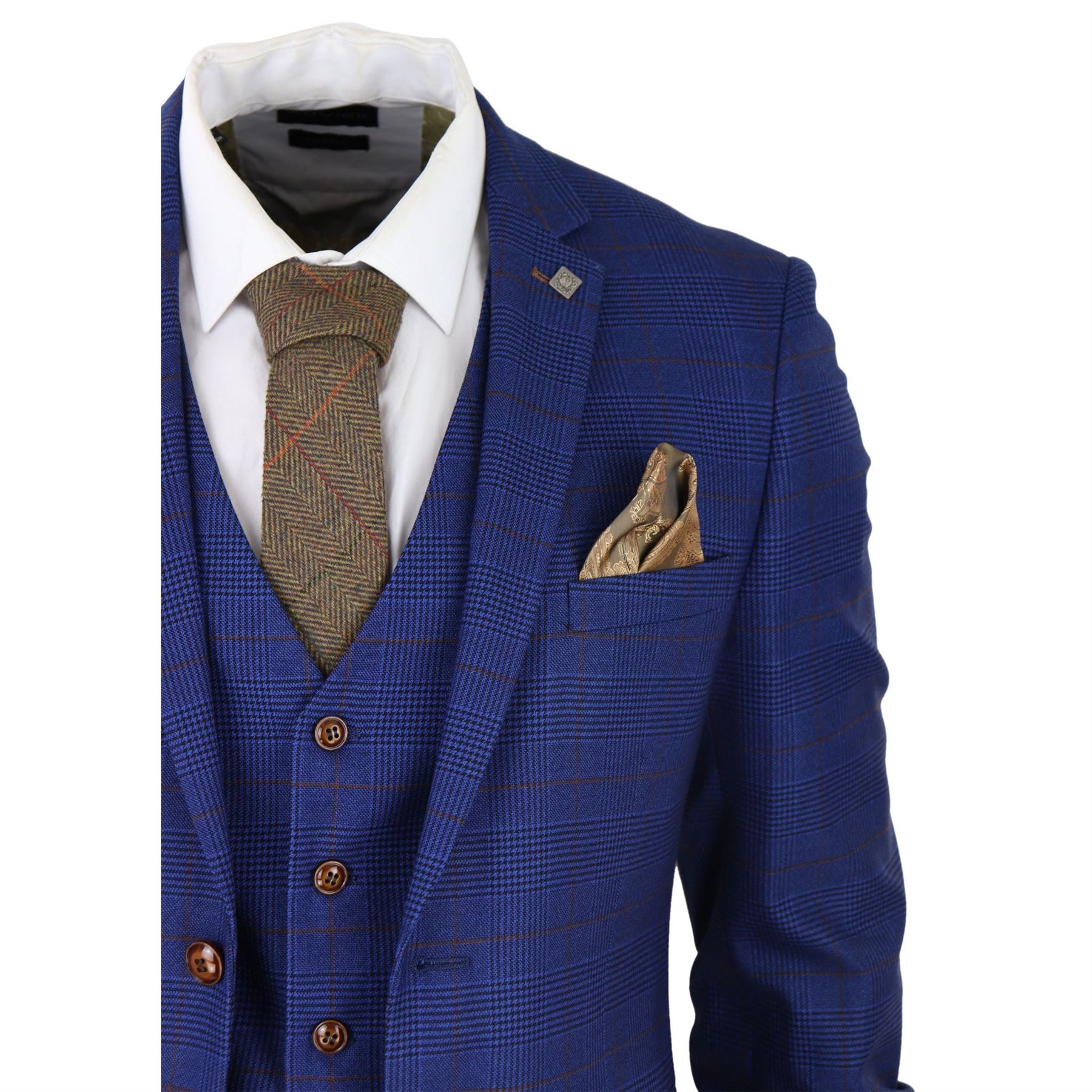Mens Blue Brown Check 3 Piece Suit Tailored Fit Wedding Prom Races Prince Of Wales
