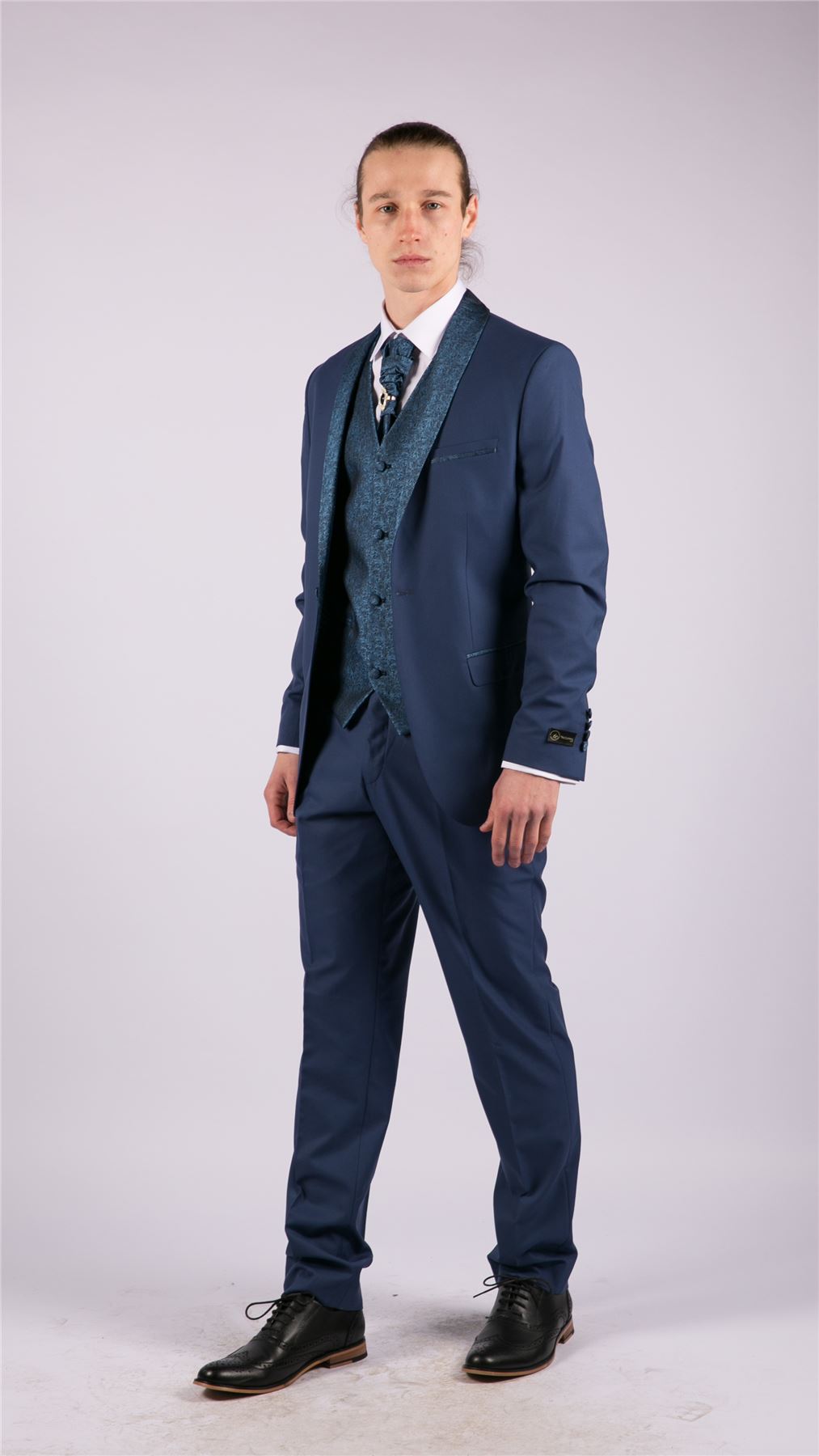 Mens 4 Piece Wedding Suit Groom Shawl Collar Vintage Blue Cravat Tailored Fit