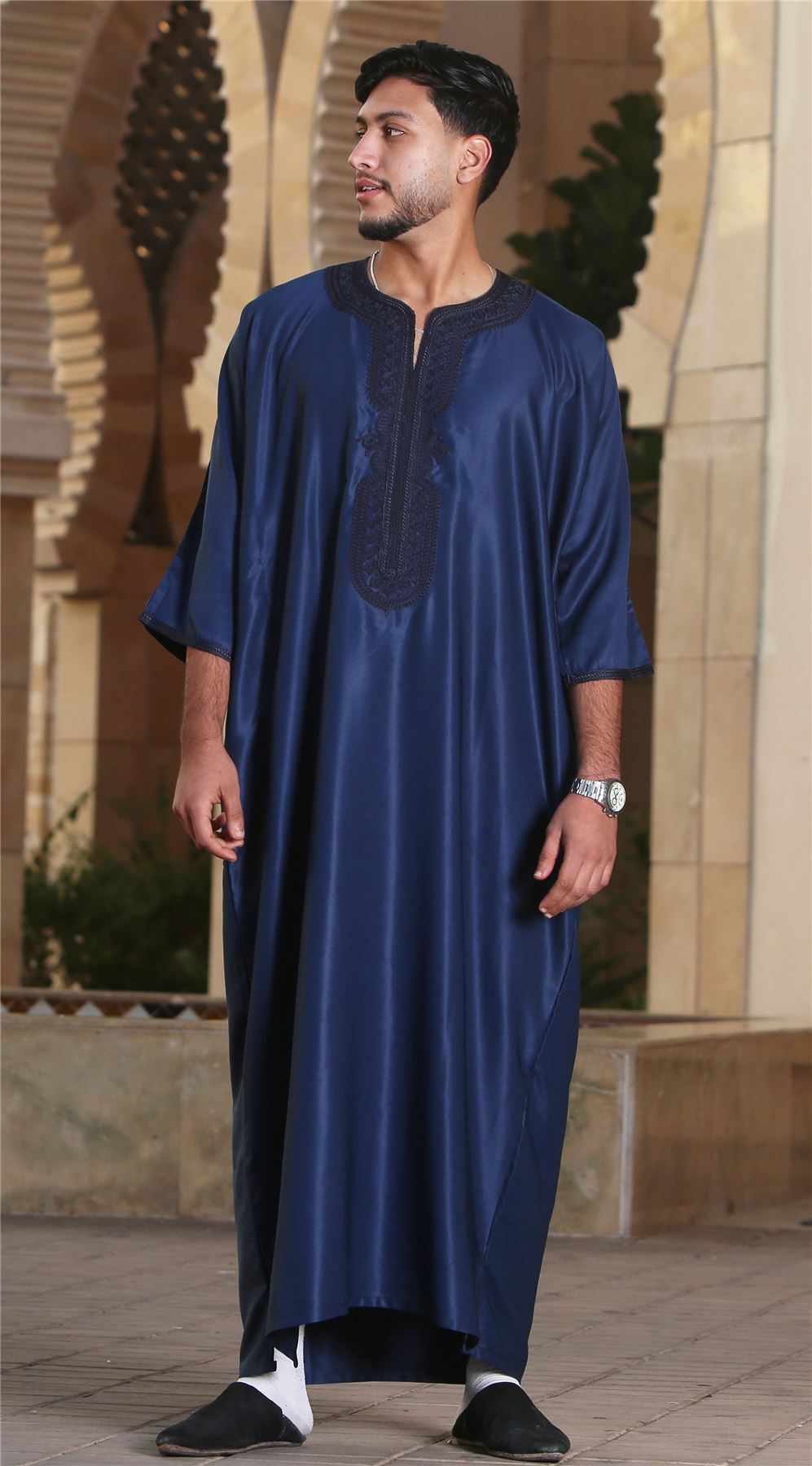 Men's Moroccan Thobe Gandoura Short Sleeve Jubba Islamic Clothing Kaftan Eid Robe Arab Embroidery