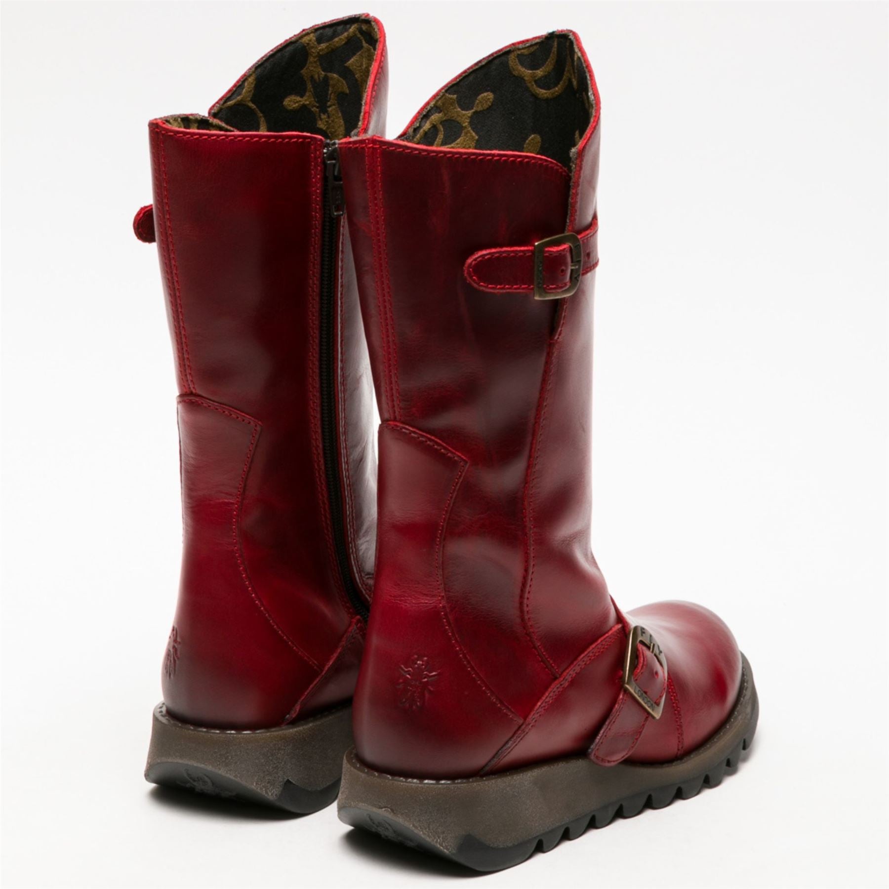 MES2913 - Women's Wedge Heel Buckle Mid Calf Leather Boots