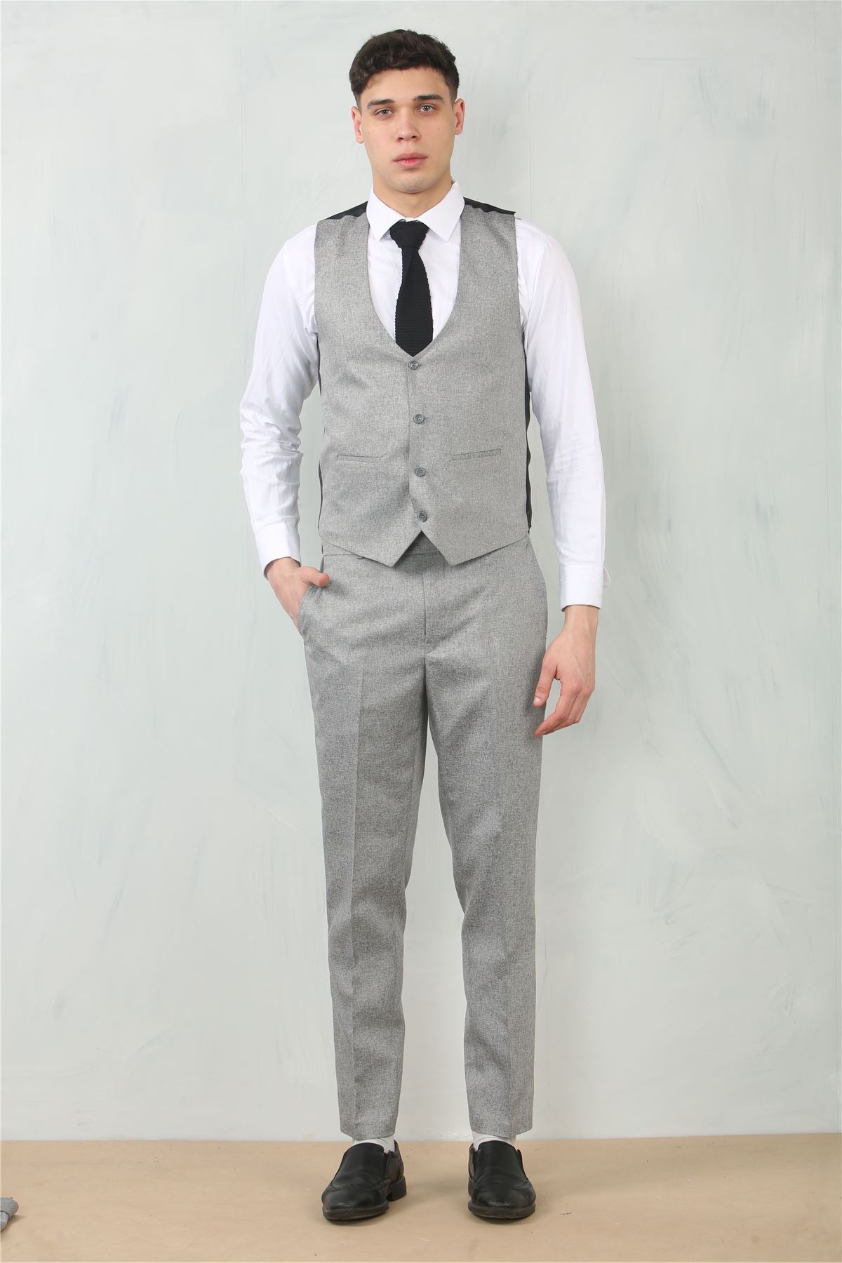 Men's 3 Piece Suit Grey Tailored Fit Wedding Classic Prom Formal Textured