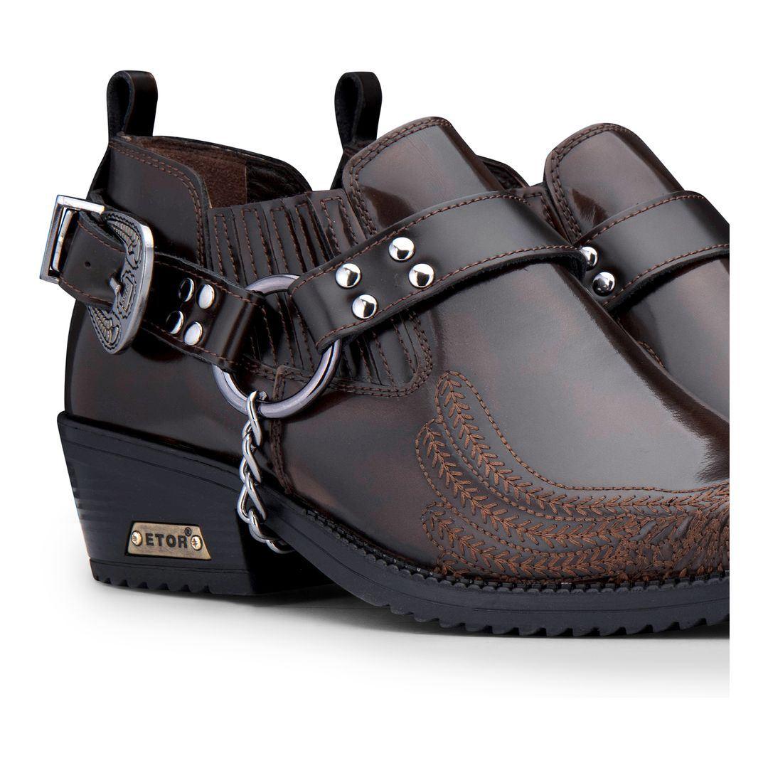 Mens Genuine Leather Western Shoes US Eagle Patent Shiny Wincklepickers Metal Chain Belt Cuban Heel Dancing Cowboy - Knighthood Store