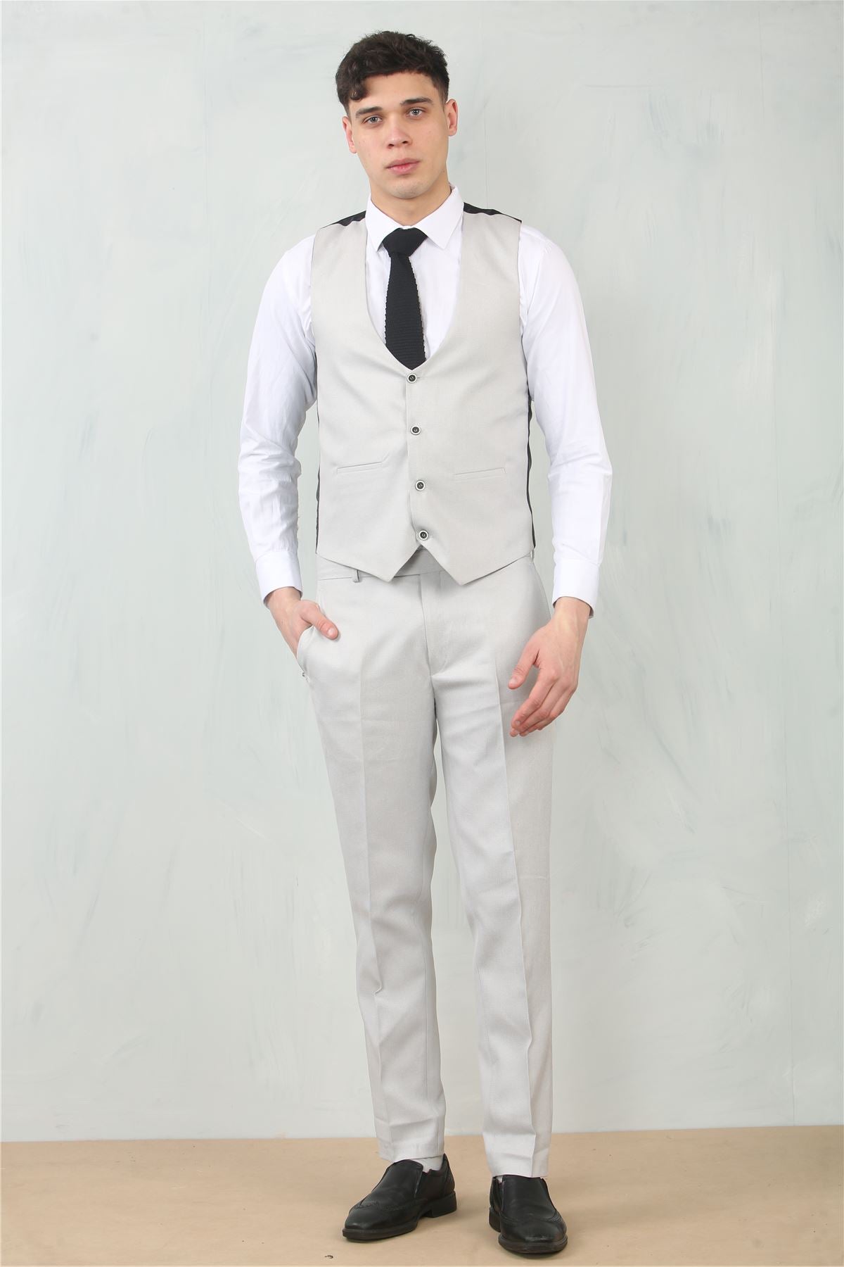Men's 3 Piece Suit Stone Light Grey Tailored Fit Wedding Classic Prom Formal