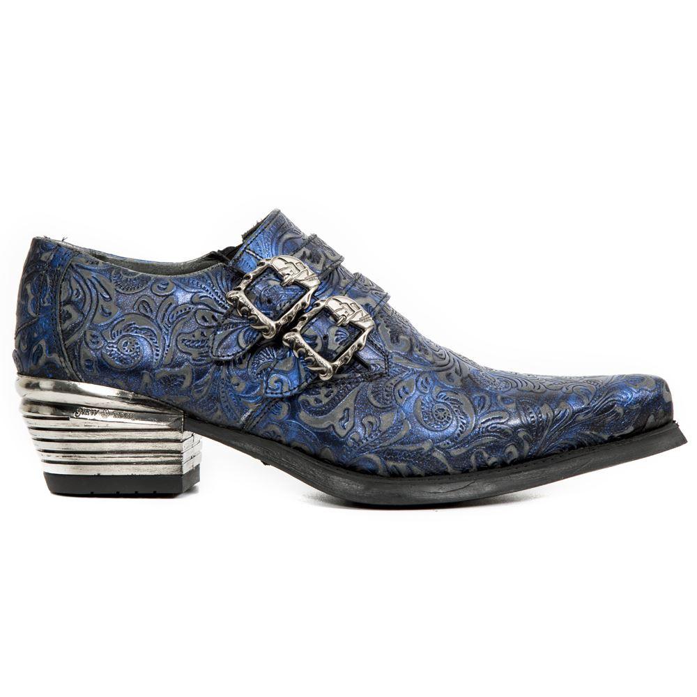 New Rock 7960-s7 Shoe Embossed Vintage Blue Leather Buckle Steel Heel Shoes - Knighthood Store