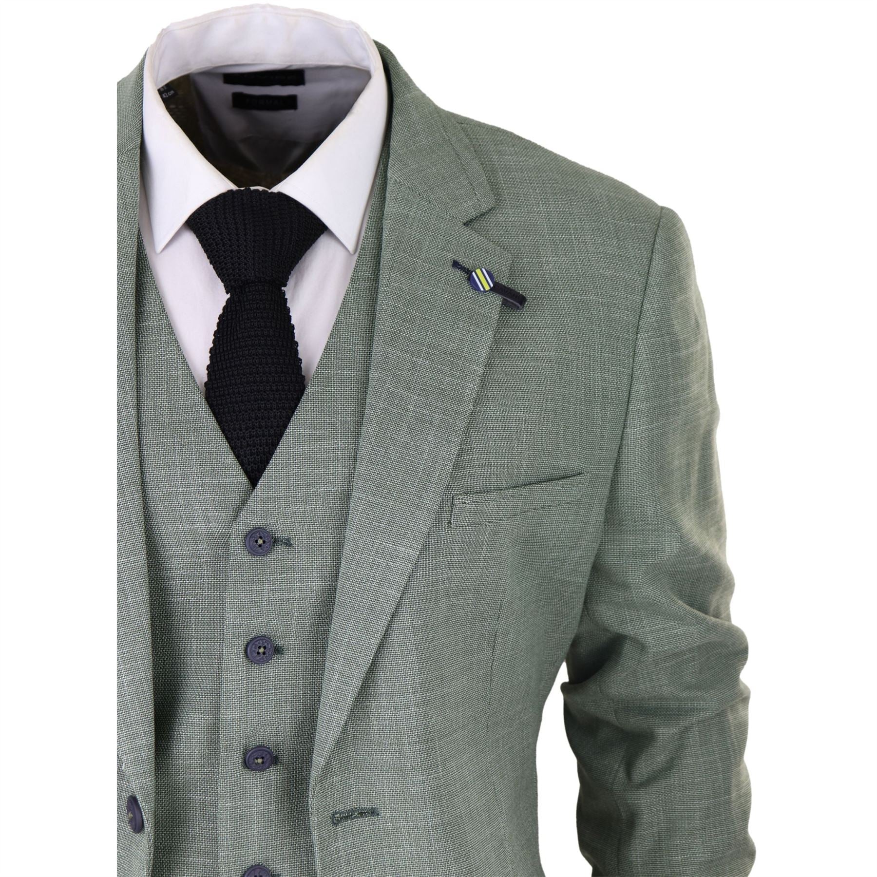 Mens 3 Piece Suit Sage Green Summer Linen Tailored Fit Wedding Prom Classic