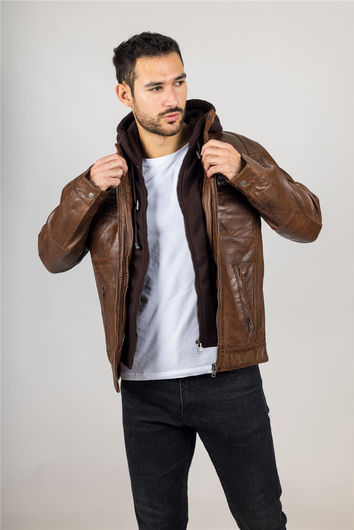 Men's Brown Hooded Genuine Leather Motorcycle Biker Jacket