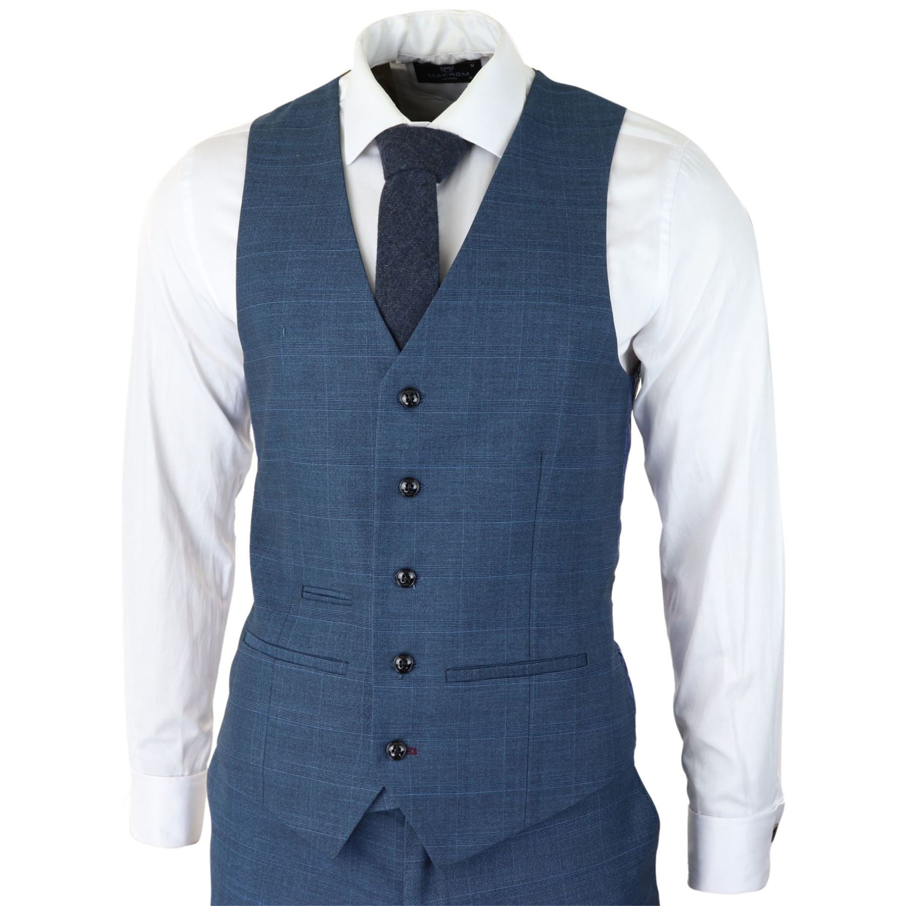 Mens 3 Piece Prince Of Wales Check Suit Blue Classic Light Tailored Fit Modern