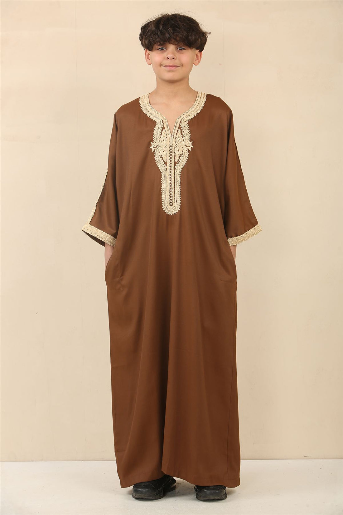 Boys Moroccan Thobe Short Sleeve Gandoura Embroidery Kaftan
