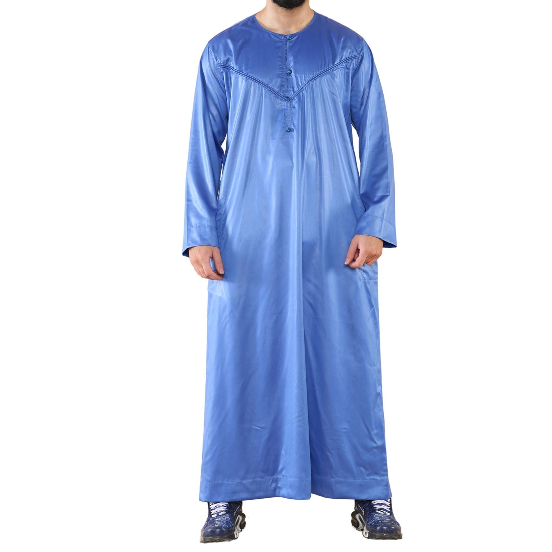 Mens Thobe Jubba Islamic Clothing Muslim Kaftan Emirati Omani Robe Satin Shiny