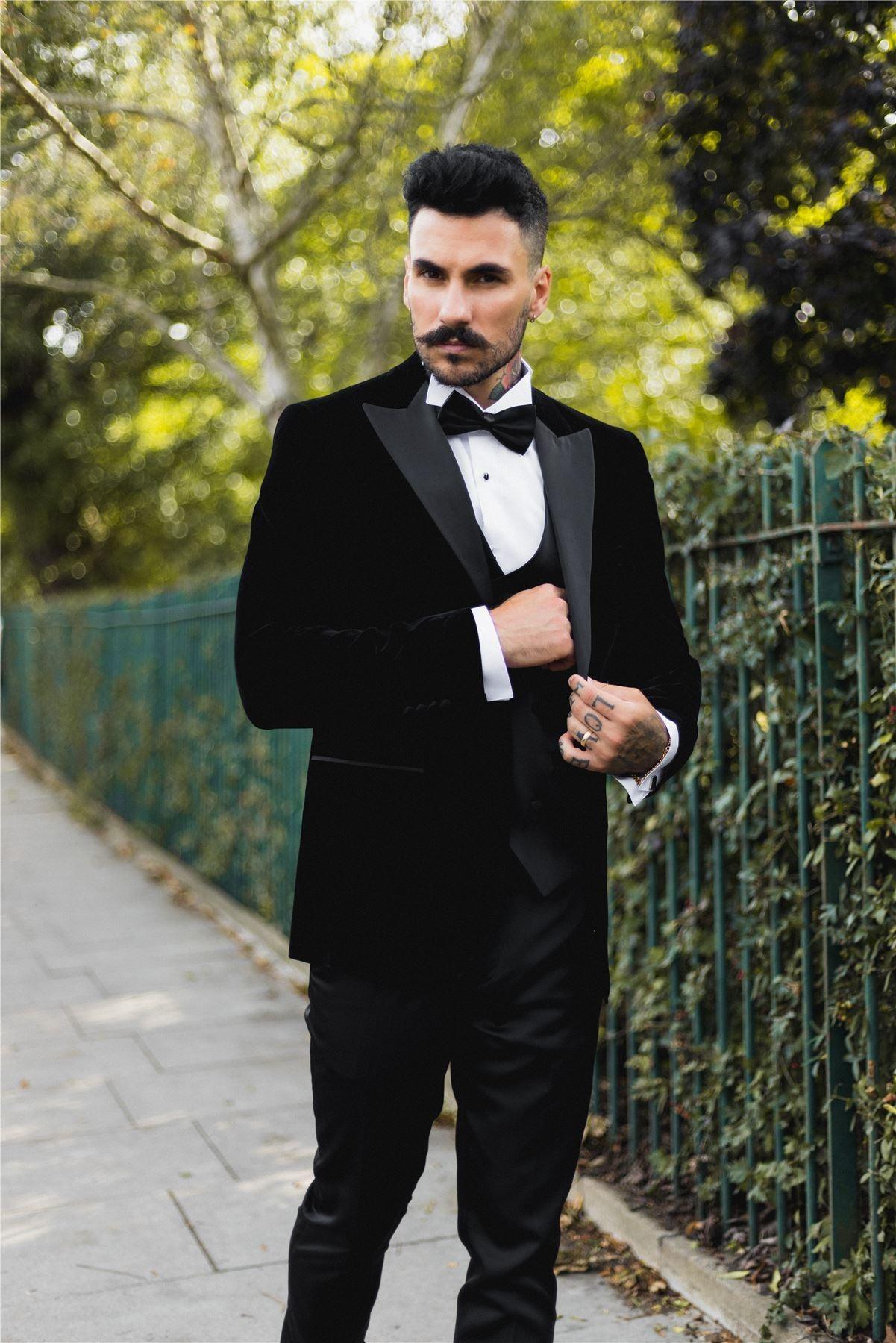 Mens Black Velvet Tuxedo Blazer Satin Peak Lapels Dinner Jacket Wedding Prom Black Tie - Knighthood Store