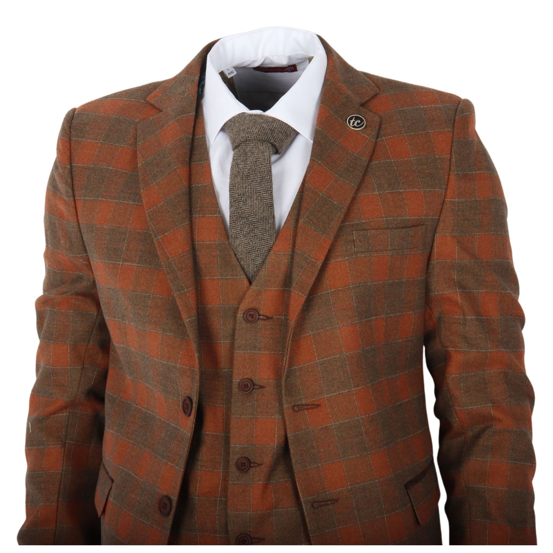 Men's Suit 3 Piece Brown Checkered Tailored Fit Classic Formal Dress