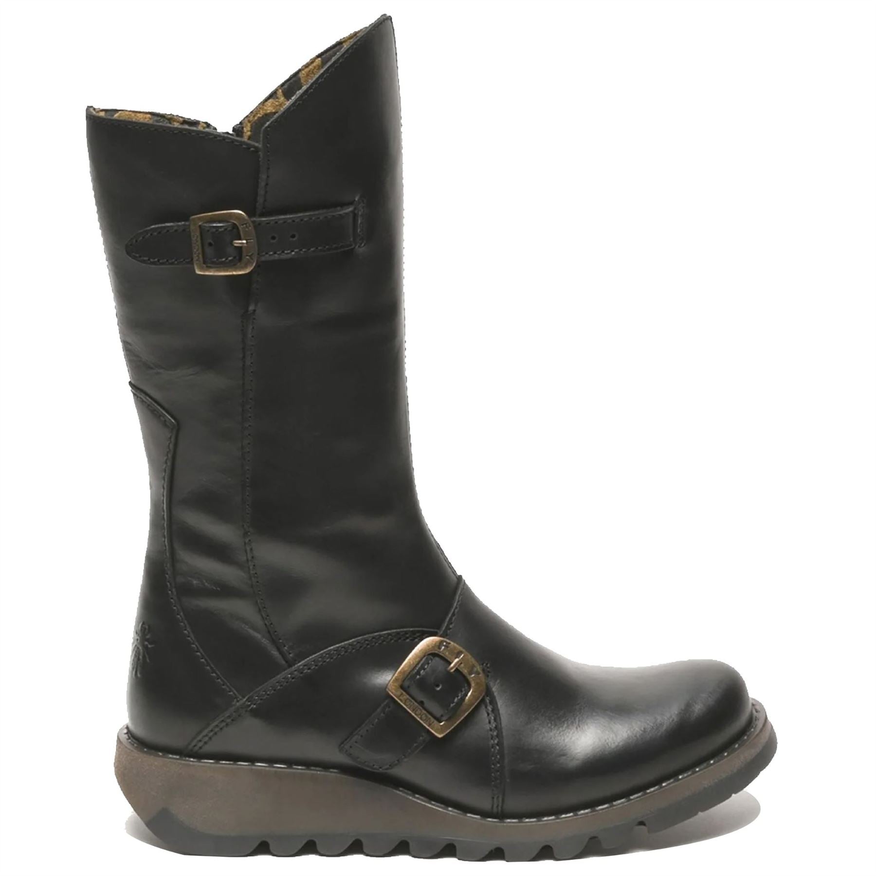 MES2913 - Women's Wedge Heel Buckle Mid Calf Leather Boots