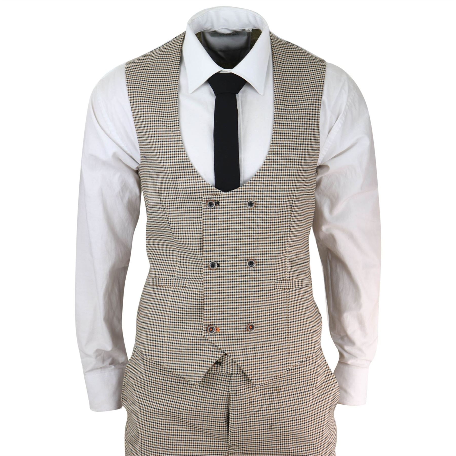 Mens Beige Navy Check Suit Vintage Classic Prince Of Wales Tailored Fit Wedding