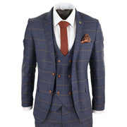 Mens 3 Piece Navy Blue Tan Check Double Breasted Waistcoat Formal Suit Classic