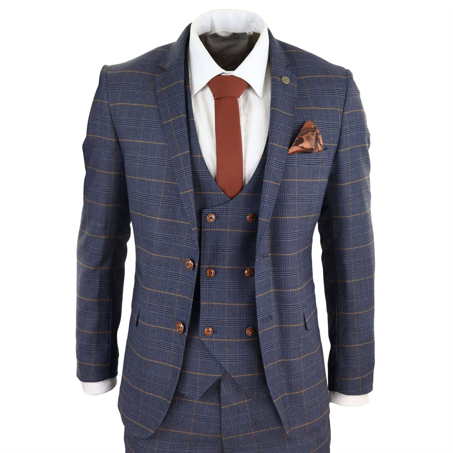 Mens 3 Piece Navy Blue Tan Check Double Breasted Waistcoat Formal Suit Classic