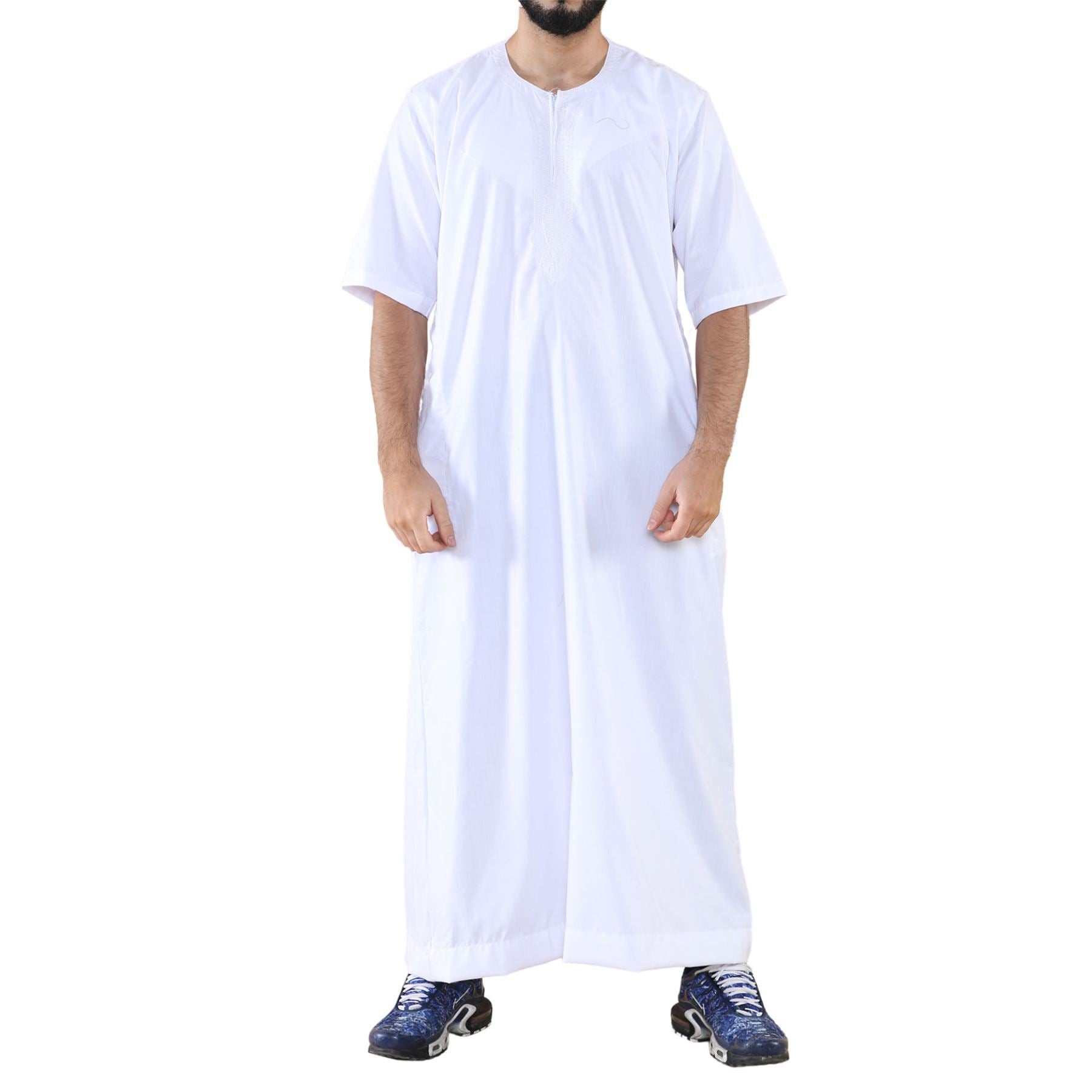 Mens Thobe Jubba Islamic Clothing Kaftan Half Sleeve Robe Moroccan Arab Zipped