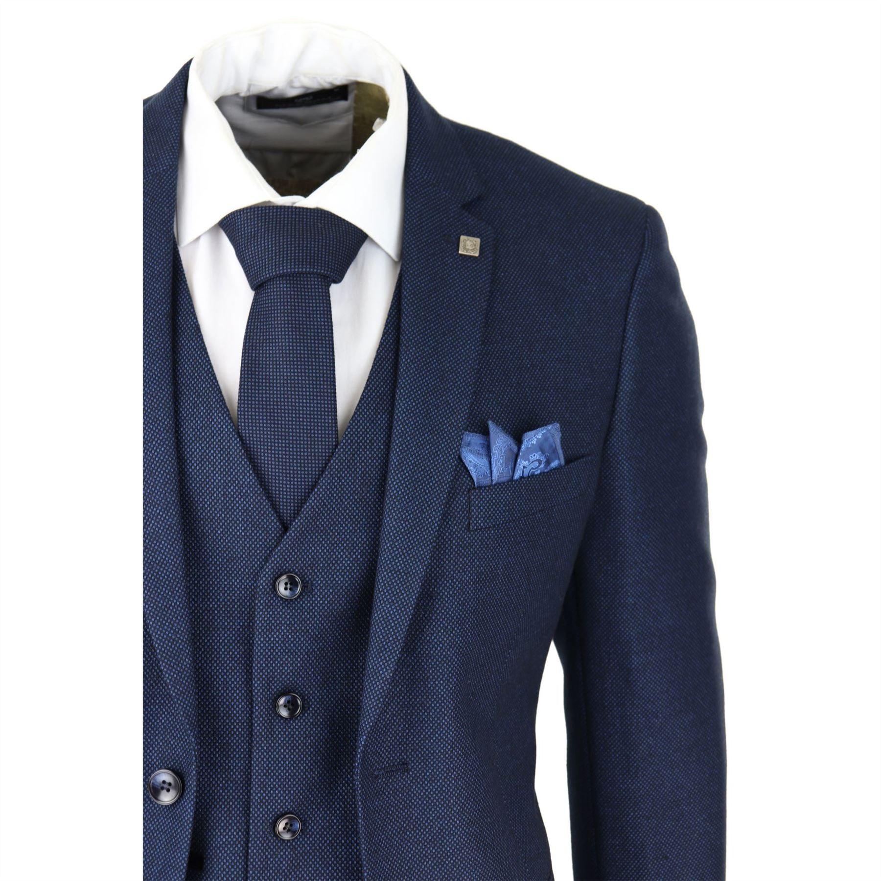 Mens Navy Blue 3 Piece Suit Birdseye Suit Wedding Prom Formal Smart Classic