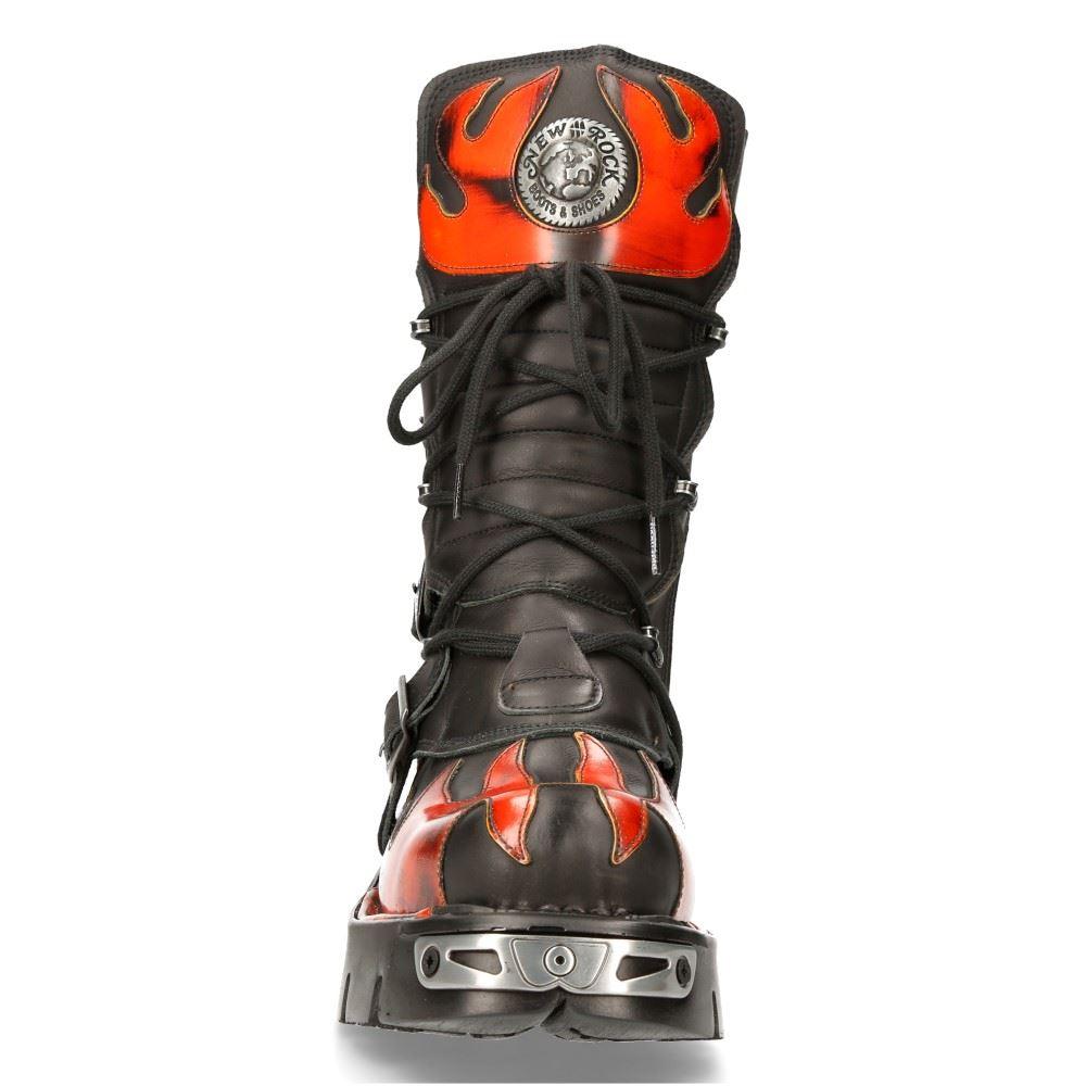New Rock New Rock 591-s1 Red Flame Metallic Black Leather Boot Biker Goth Boots - Knighthood Store