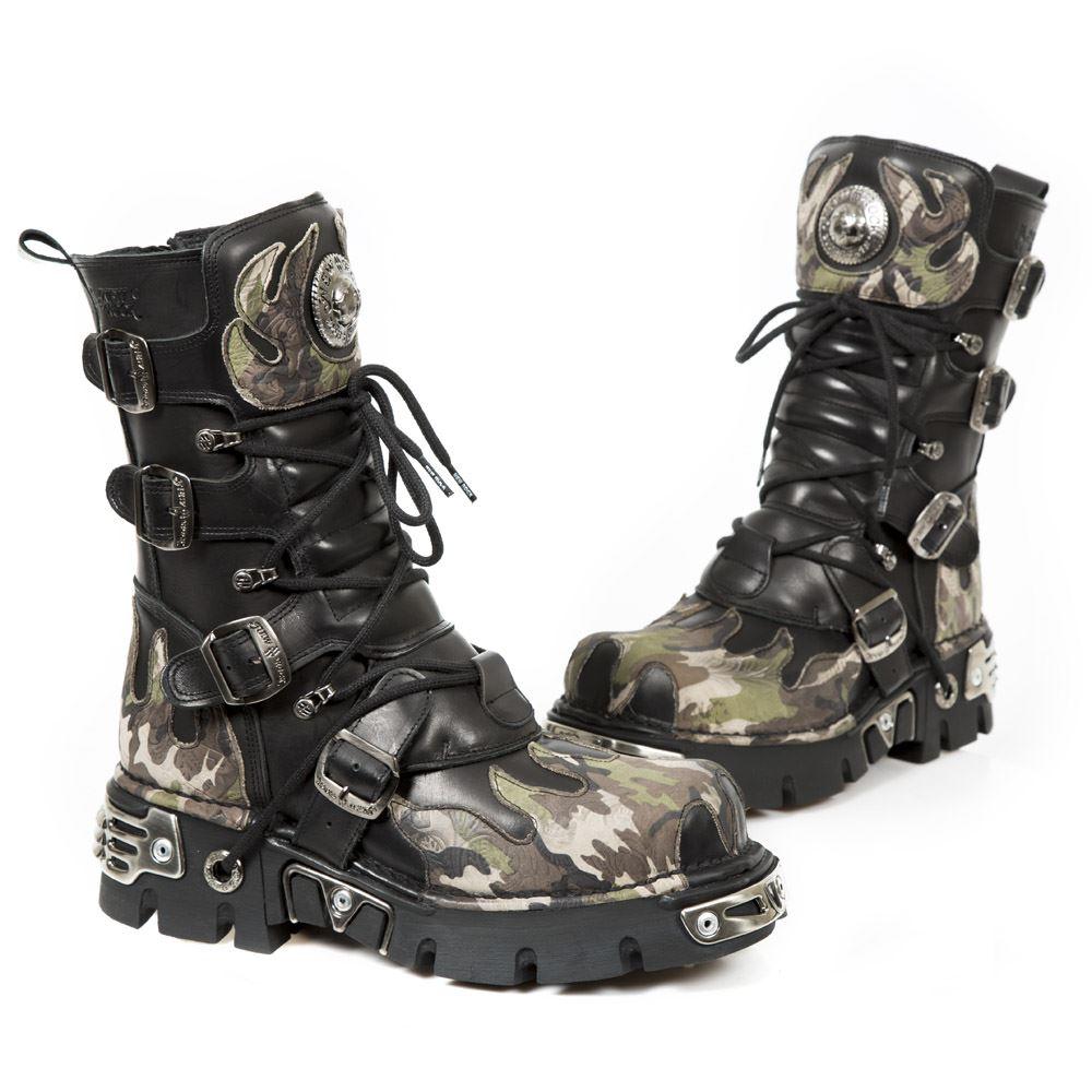 New Rock New Rock 591 S15 Camouflage Flame Metallic Black Leather Biker Goth Boot - Knighthood Store