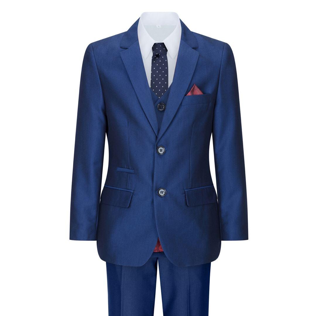 Boys 3 Piece Shiny Blue Wedding Party Suit Tailored Fit Smart Formal - Knighthood Store