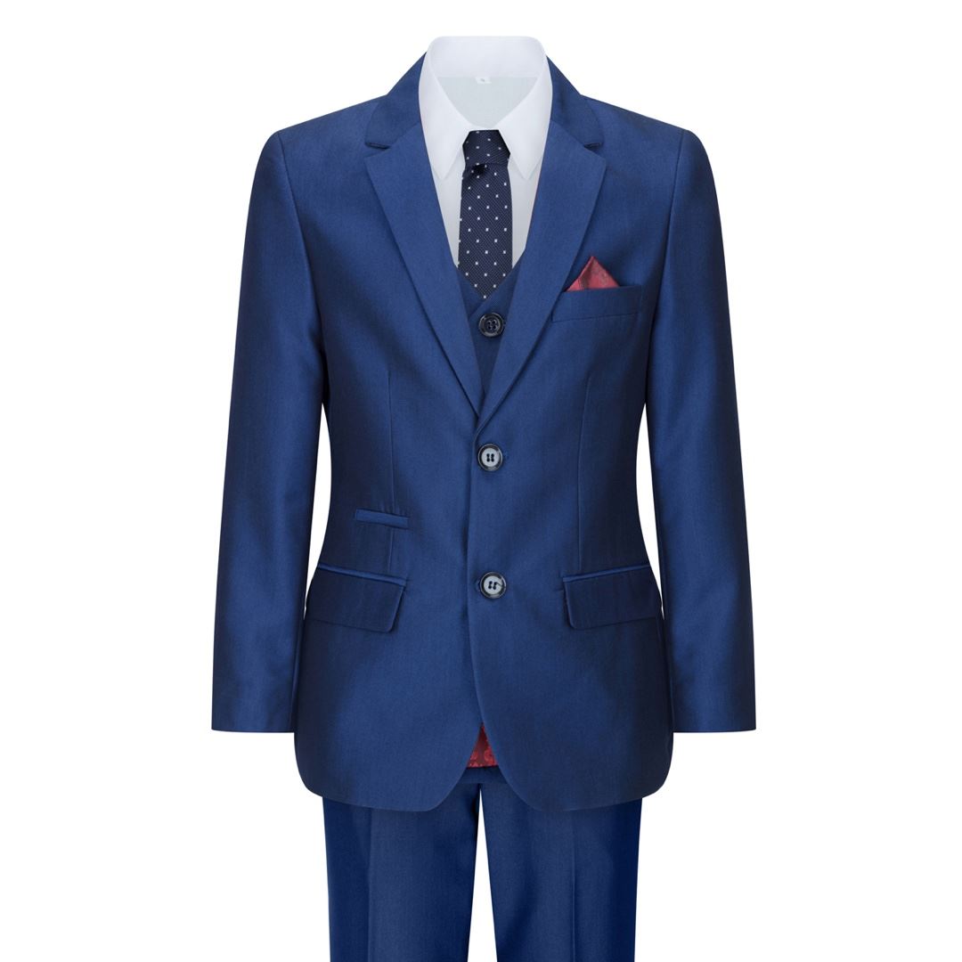 Boys 3 Piece Shiny Blue Wedding Party Suit Tailored Fit Smart Formal