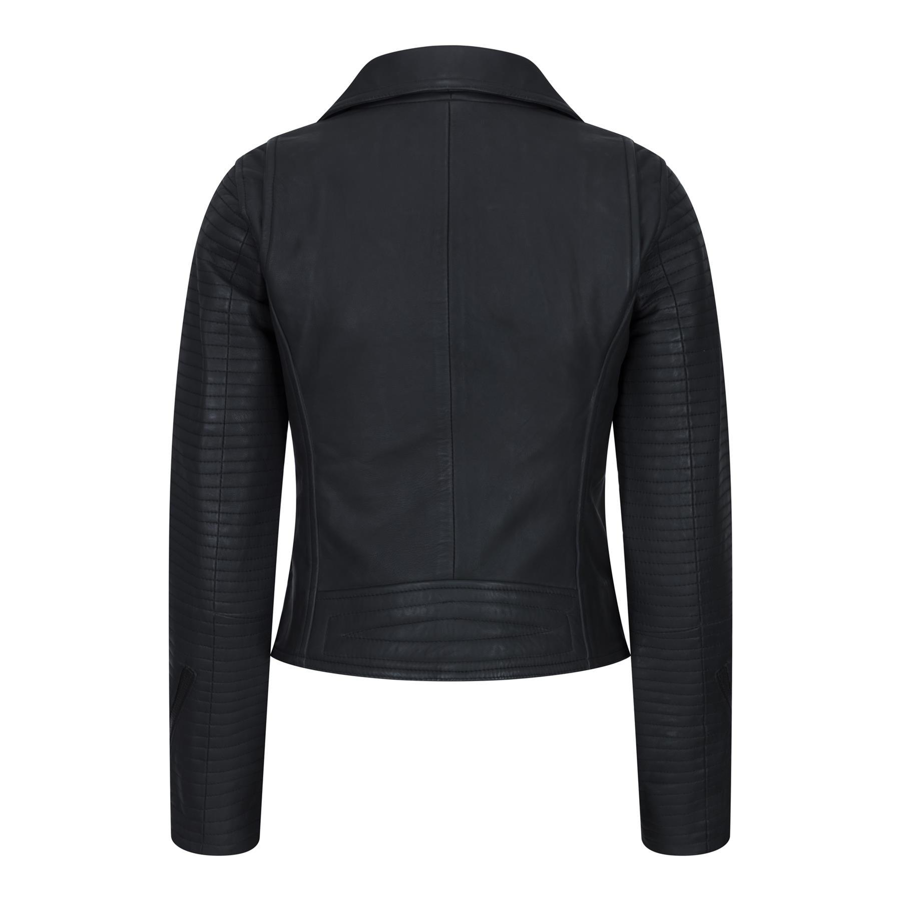 Womens Cross Zip Biker Leather Jacket Matt Black Stitch Design Slim Fit Vintage Retro - Knighthood Store