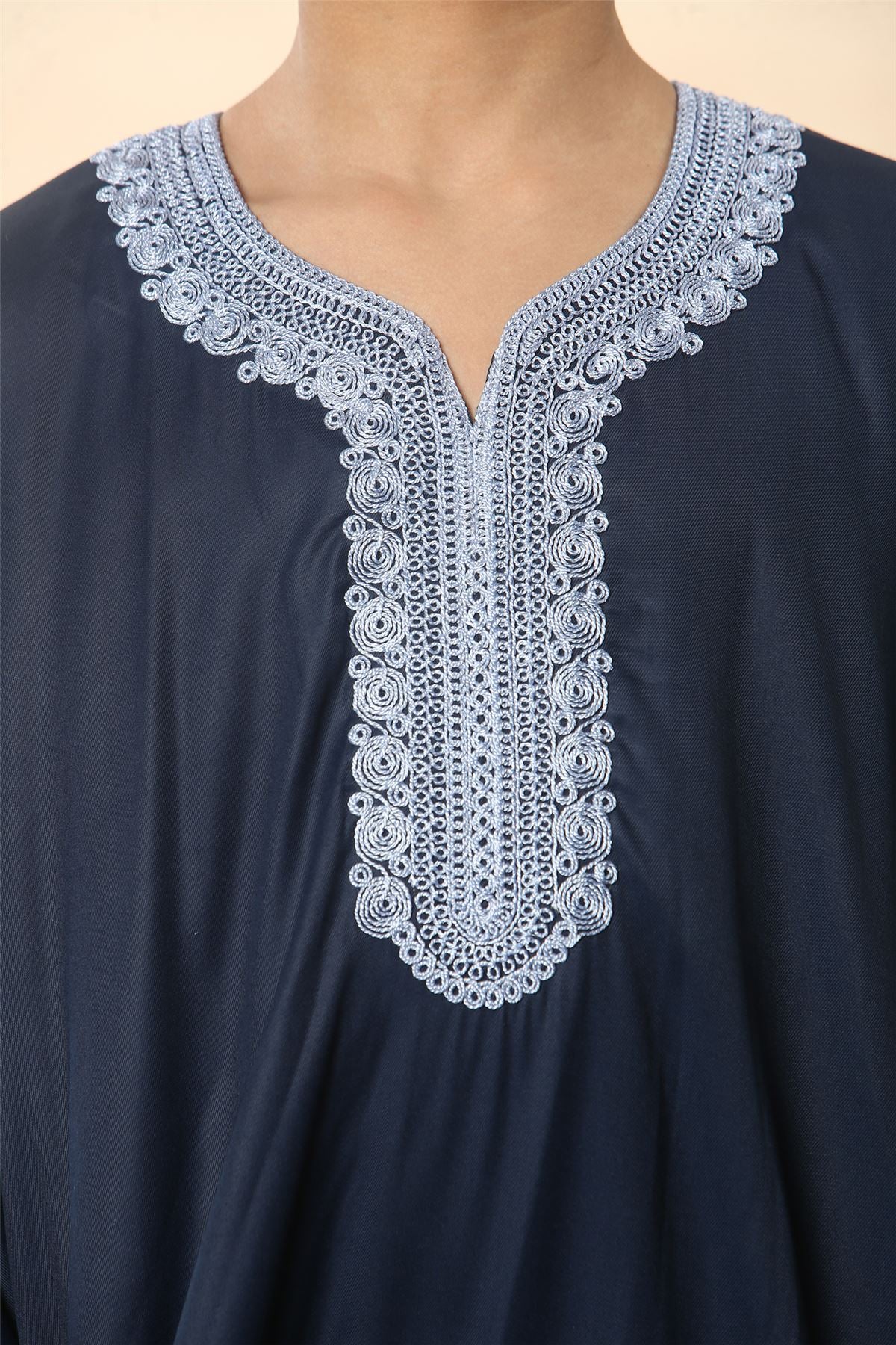 Boys Navy Moroccan Thobe Short Sleeve Gandoura Blue Embroidery Kaftan