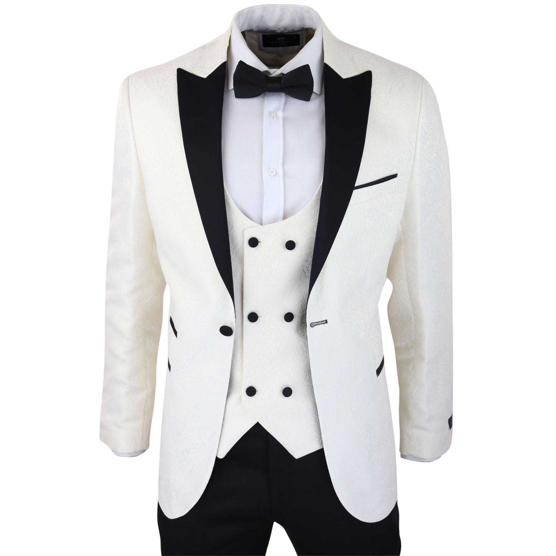 Mens Paisley Tuxedo Blazer And Waistcoat Brocade Dinner Jacket Satin Ivory Black
