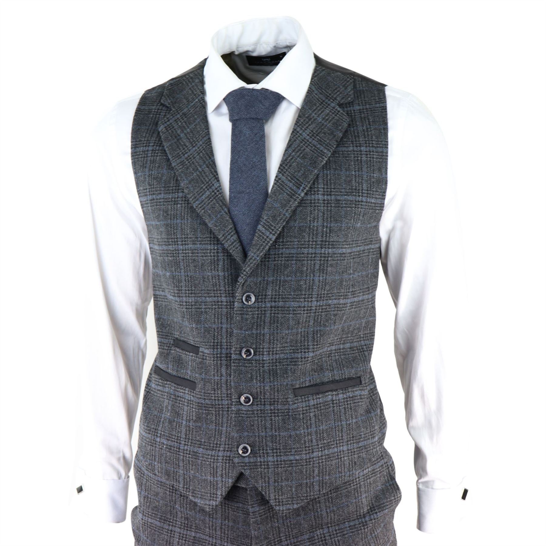 Mens Grey Tweed 3 Piece Suit Blue Check Vintage 1920s Gatsby Blinders Tailored Fit