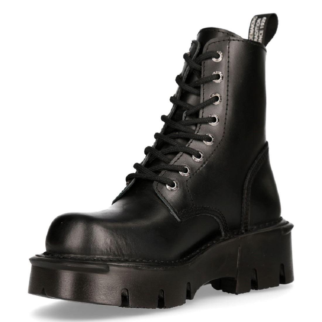 New Rock M-MILI084N-S Unisex Metallic Black 100% Leather Platform Military Boots - Knighthood Store