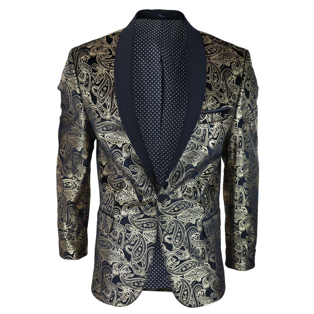 Mens Velvet Paisley Floral Blazer Black Gold Silver Tuxedo Jacket Dinner Suit Tux - Knighthood Store