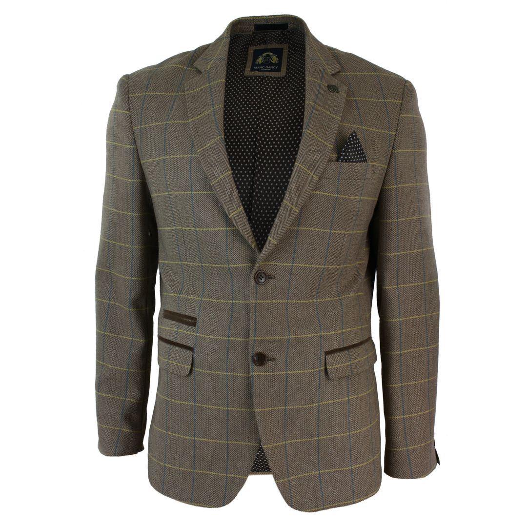 Mens Check Vintage Herringbone Tweed Tan Brown Blazer Jacket Fitted - Knighthood Store