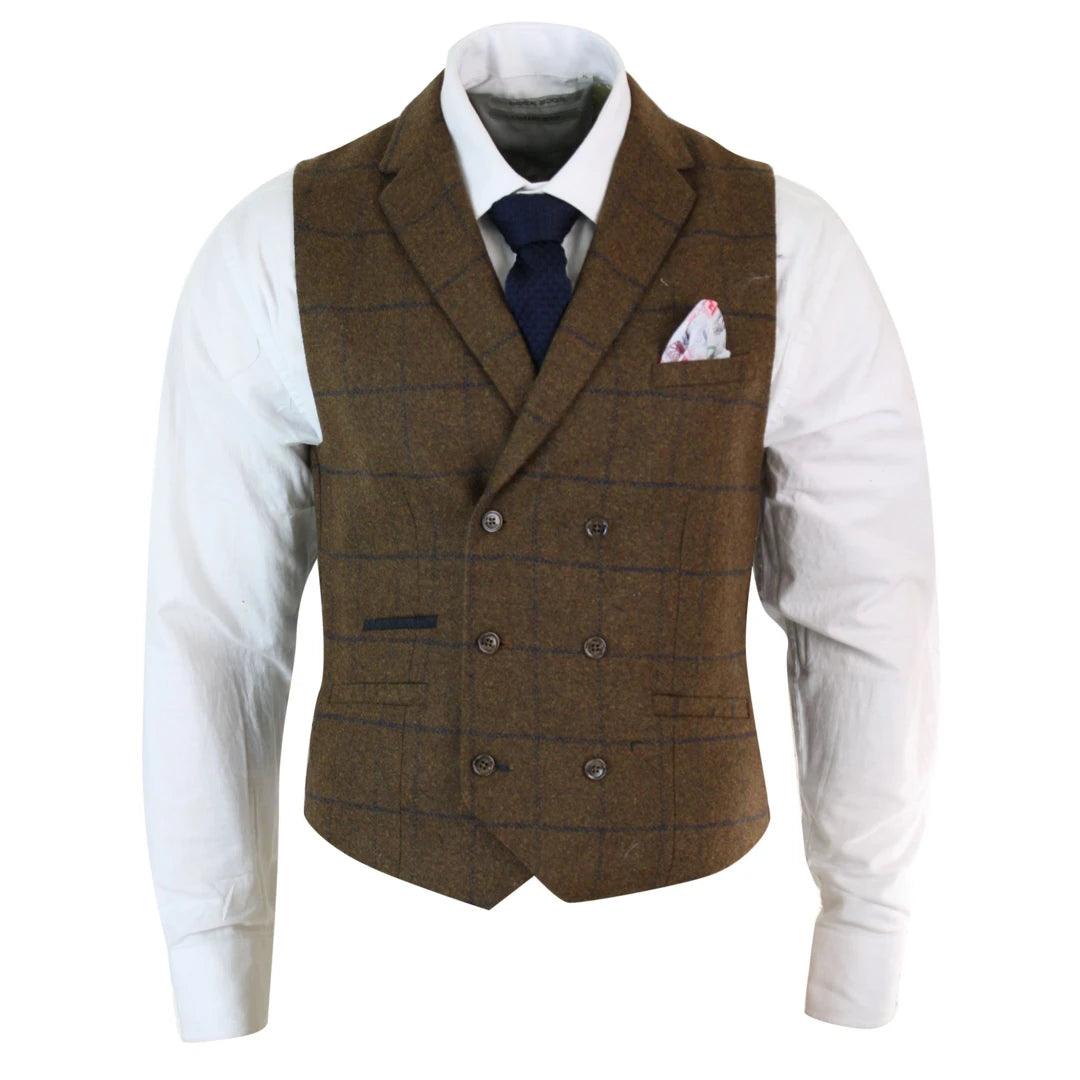 Mens Double Breasted Herringbone Tweed Blinders Vintage Check Waistcoat - Knighthood Store