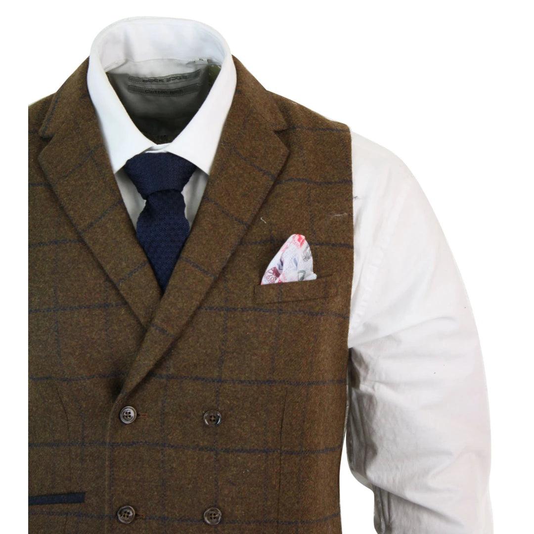 Mens Double Breasted Herringbone Tweed Blinders Vintage Check Waistcoat - Knighthood Store