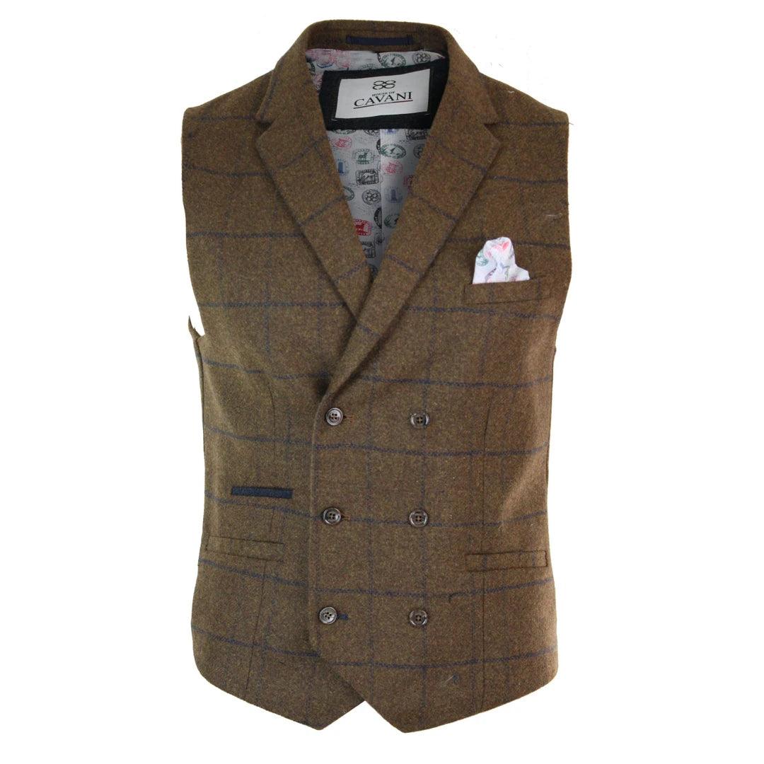 Mens Double Breasted Herringbone Tweed Blinders Vintage Check Waistcoat - Knighthood Store