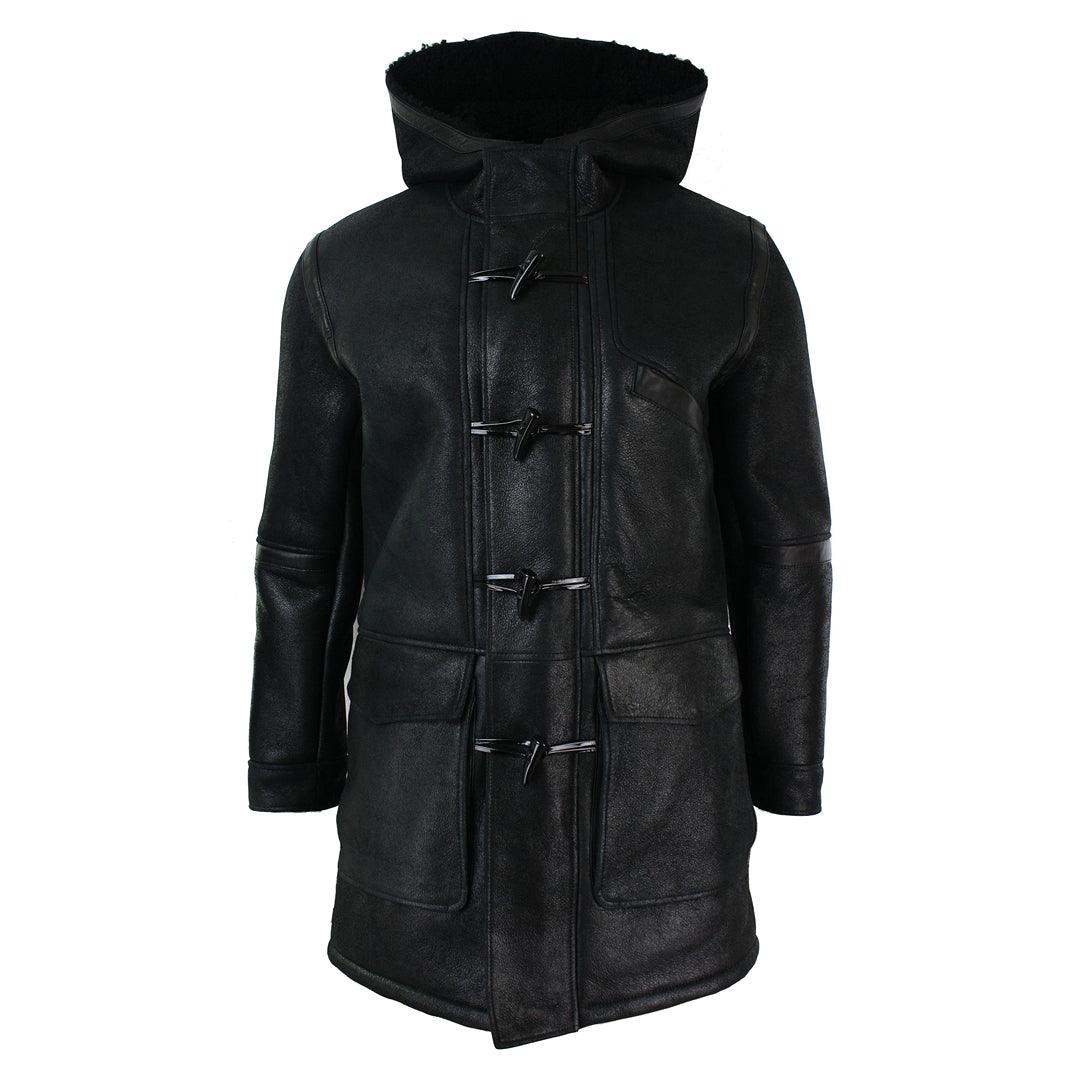 Mens Real Shearling Sheepskin 3/4 Hood Duffle Jacket Black Fur Warm Winter - Knighthood Store