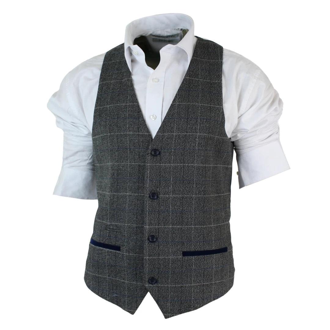 Mens Slim Fit Check Grey Tan Brown Waistcoat Smart Casual Tweed Check Navy - Knighthood Store