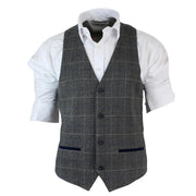 Mens Slim Fit Check Grey Tan Brown Waistcoat Smart Casual Tweed Check Navy - Knighthood Store