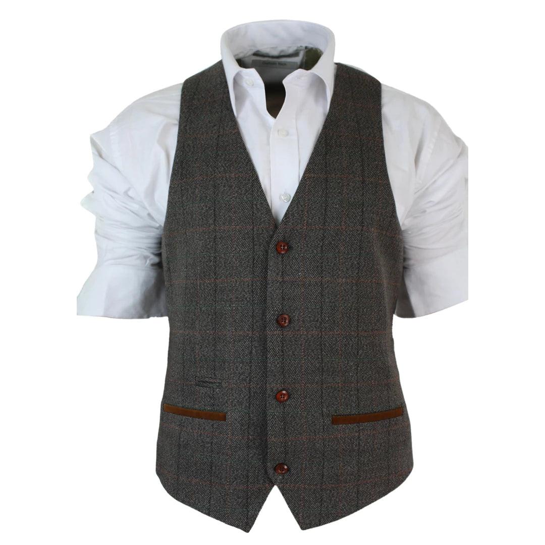 Mens Slim Fit Check Grey Tan Brown Waistcoat Smart Casual Tweed Check Navy - Knighthood Store