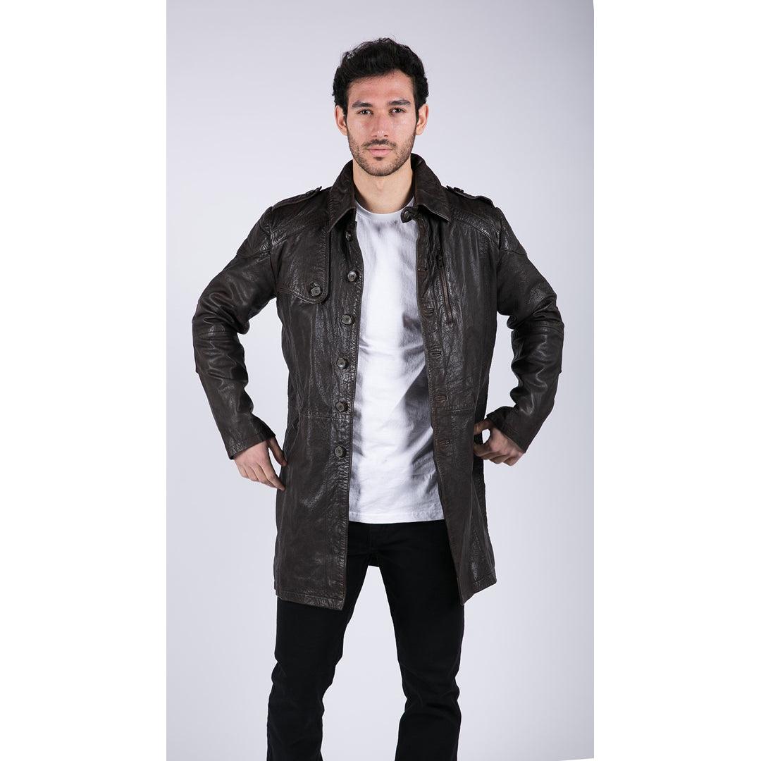 Mens Black Brown Real Leather Trench Coat Button Vintage 3/4 Casual - Knighthood Store