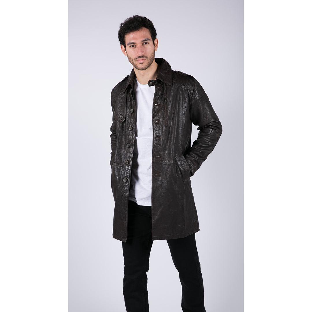 Mens Black Brown Real Leather Trench Coat Button Vintage 3/4 Casual - Knighthood Store