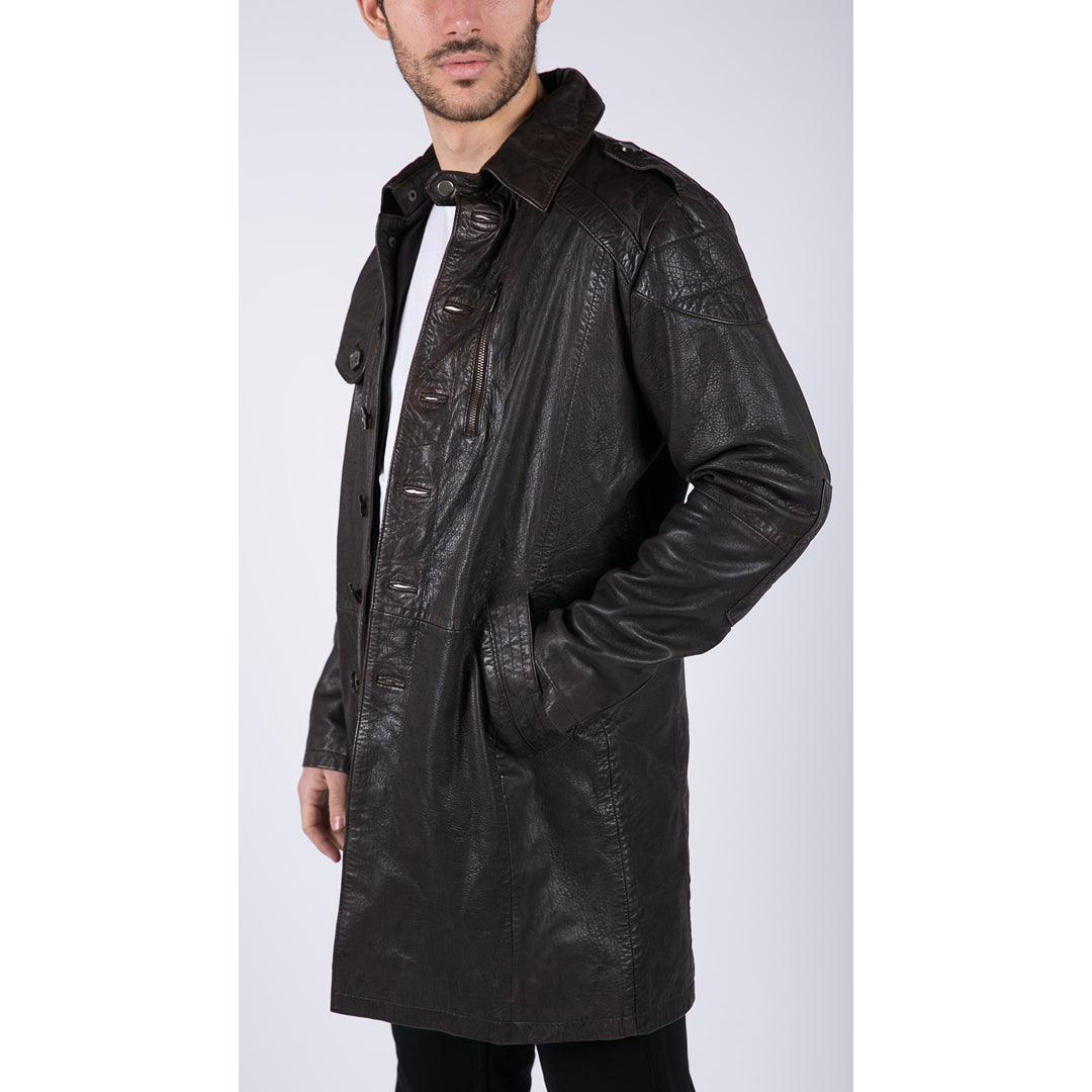 Mens Black Brown Real Leather Trench Coat Button Vintage 3/4 Casual - Knighthood Store