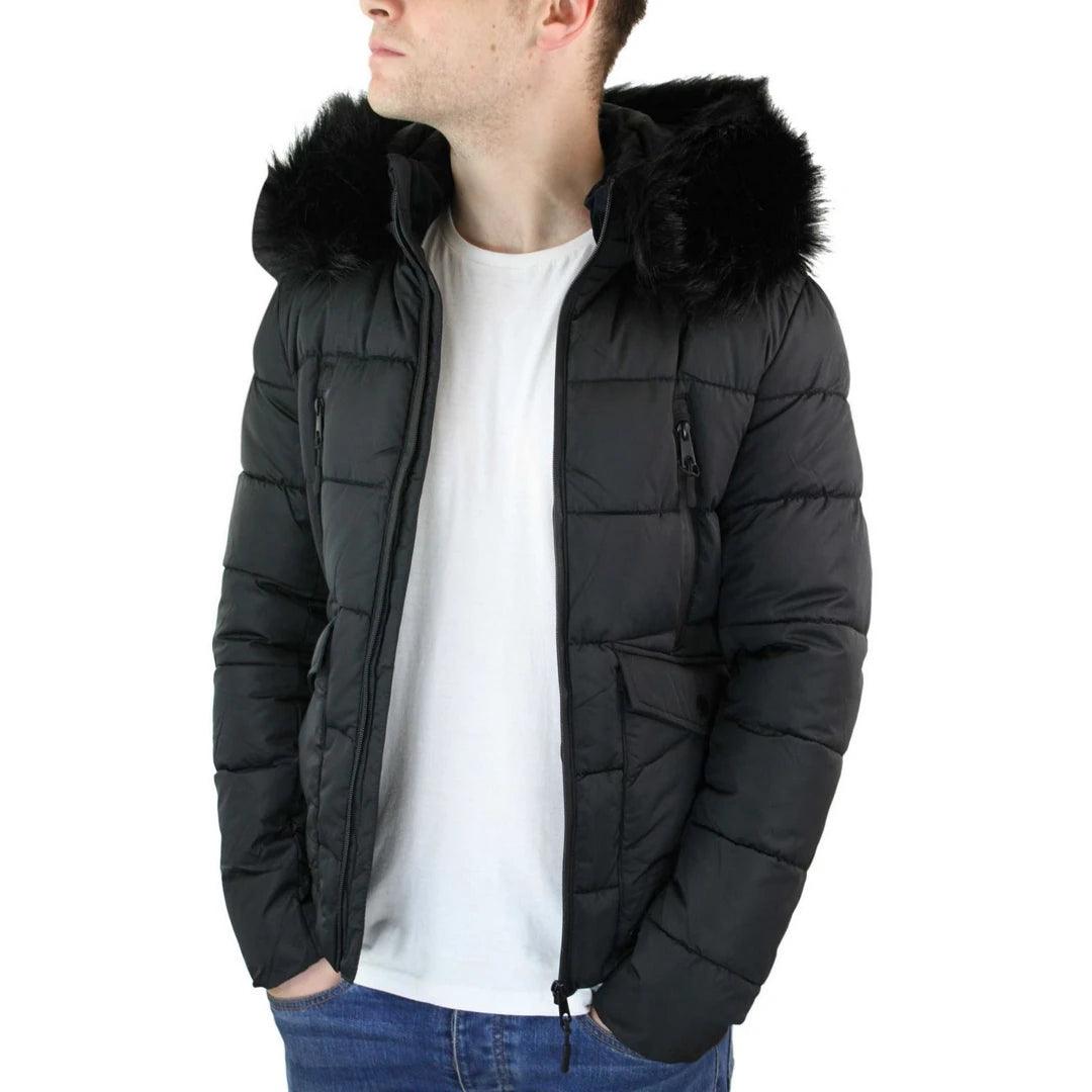 Mens Zip Hooded Fur Jacket Coat Puffer Quilted Warm Winter - Knighthood Store