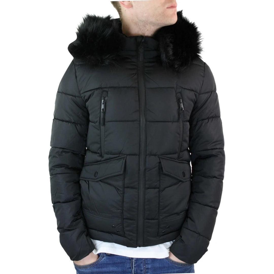 Mens Zip Hooded Fur Jacket Coat Puffer Quilted Warm Winter - Knighthood Store