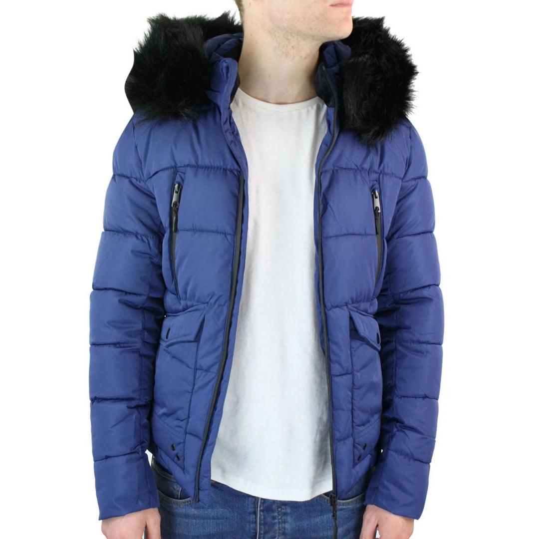 Mens Zip Hooded Fur Jacket Coat Puffer Quilted Warm Winter - Knighthood Store