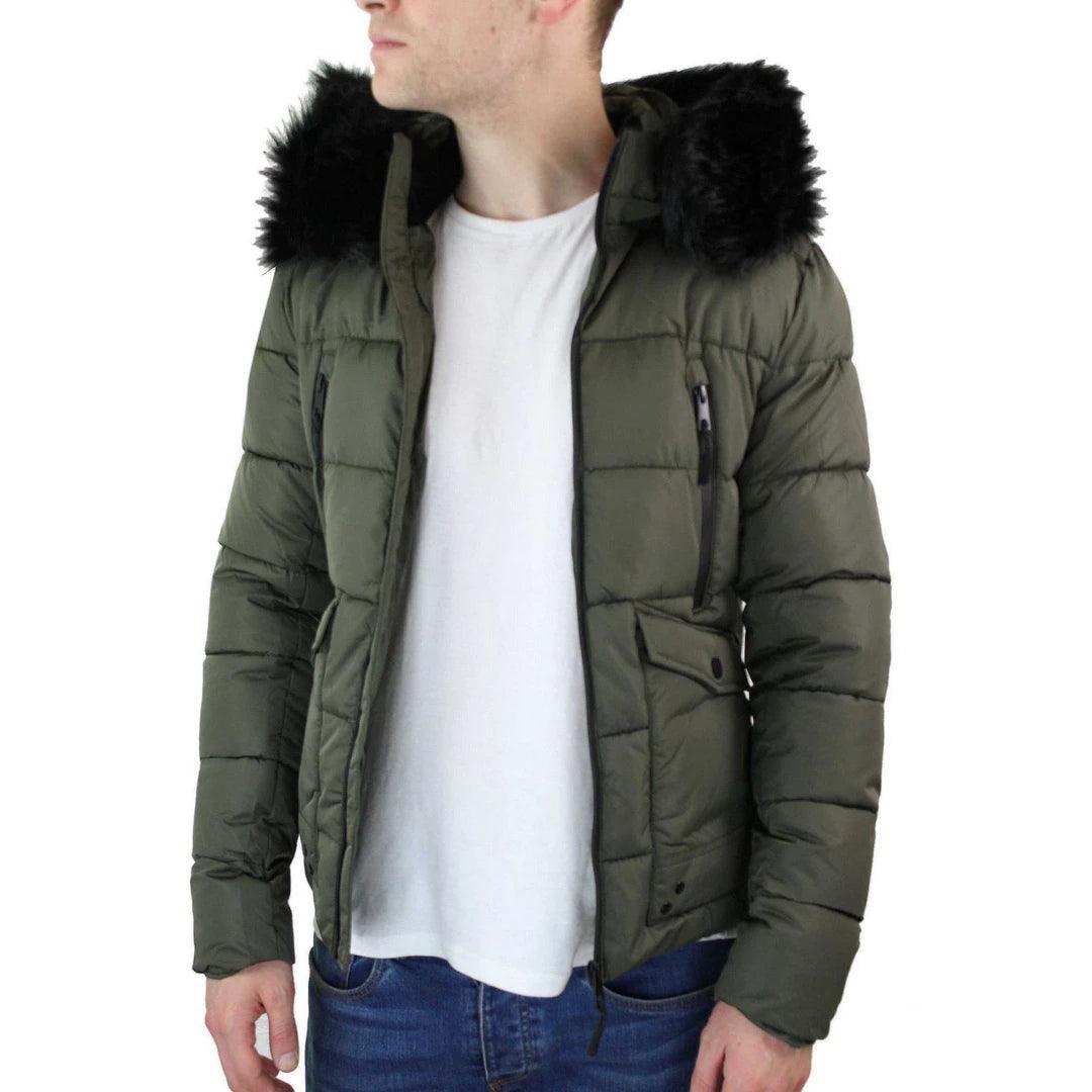 Mens Zip Hooded Fur Jacket Coat Puffer Quilted Warm Winter - Knighthood Store