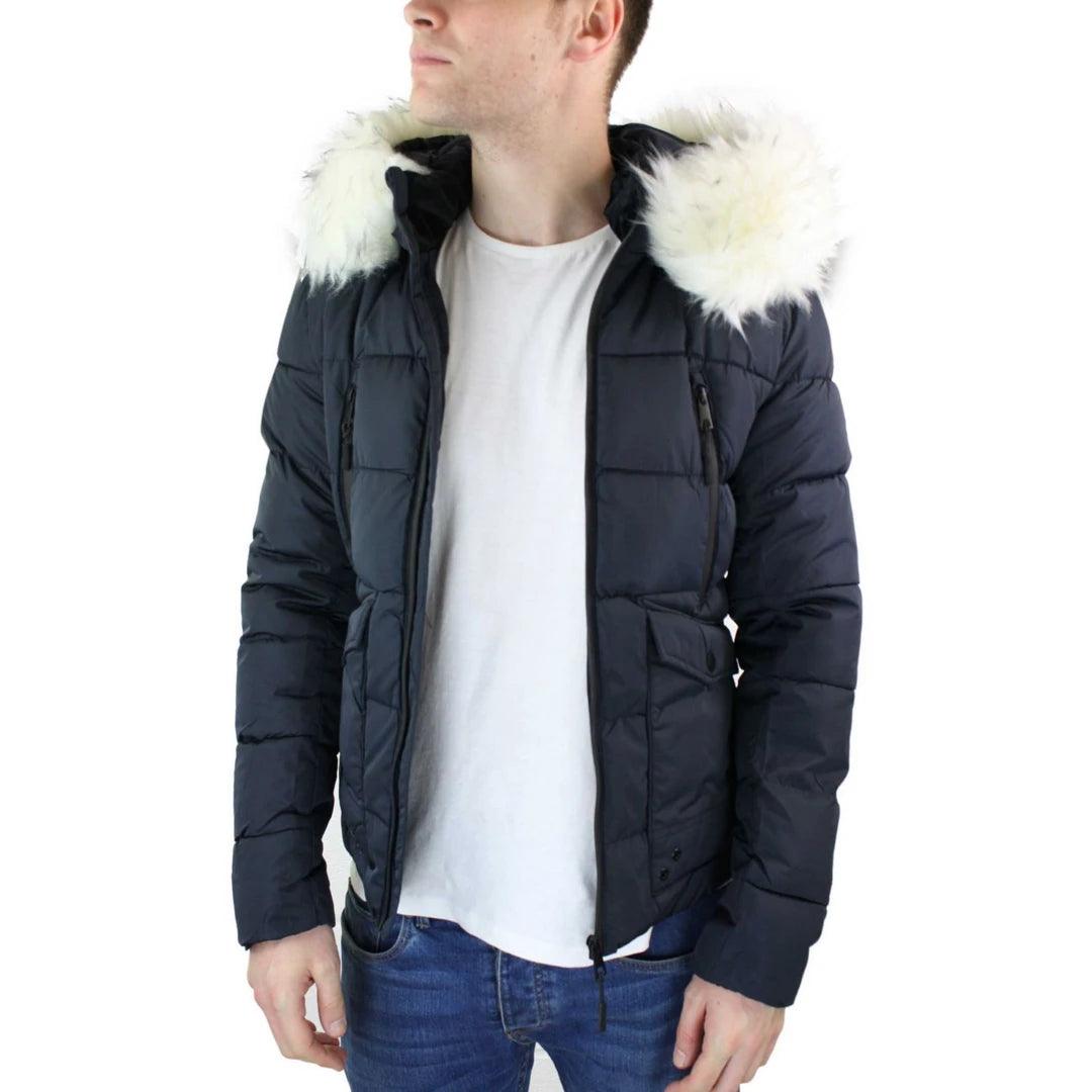 Mens Zip Hooded Fur Jacket Coat Puffer Quilted Warm Winter - Knighthood Store