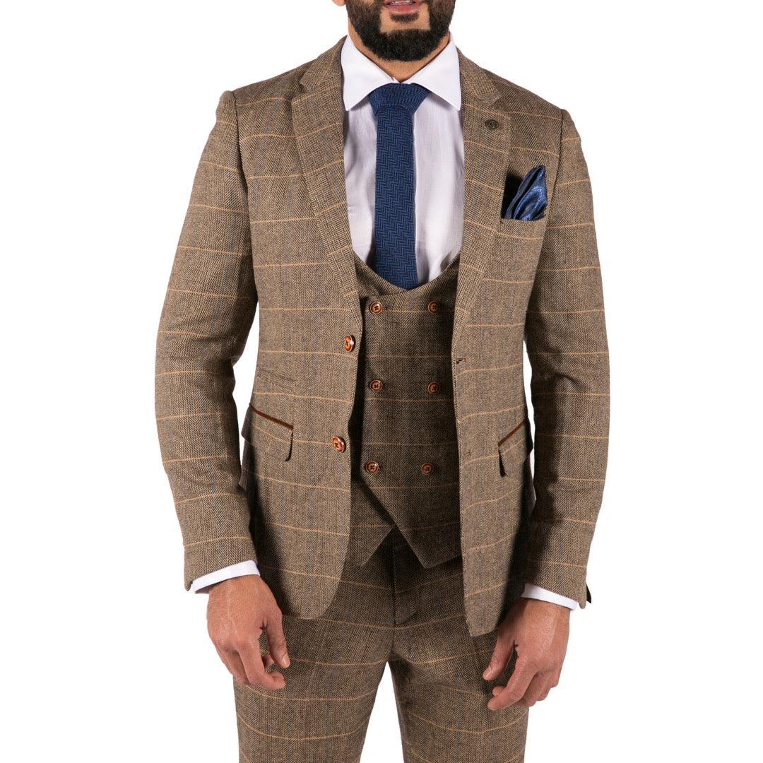 Mens 3 Piece Herringbone Tweed Tan Brown Check Suit Tailored Fit Double Classic - Knighthood Store