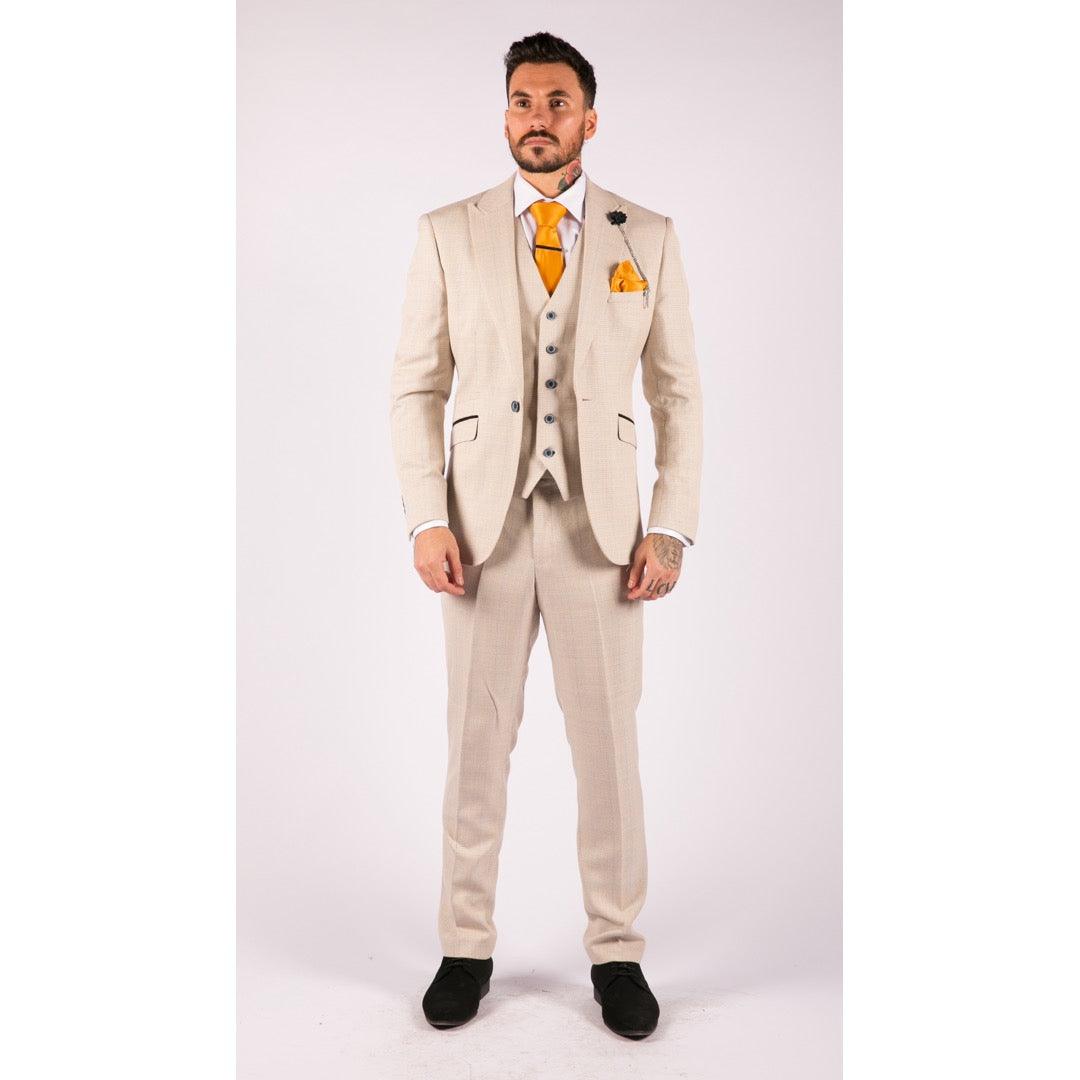 Mens 3 Piece Suit Tweed Cream Black Tailored Fit Wedding Classic - Knighthood Store